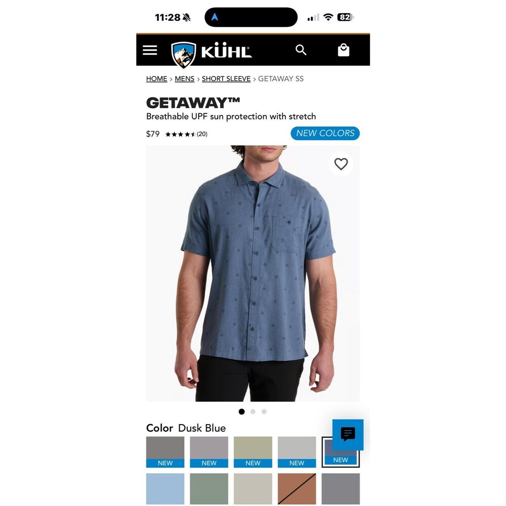 Men’s Kuhl Getaway Short Sleeve UPF Stretch Shirt Sz. XL Blue